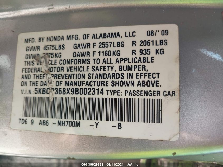 2009 Honda Accord 3.5 Ex-L VIN: 5KBCP368X98002314 Lot: 39629333