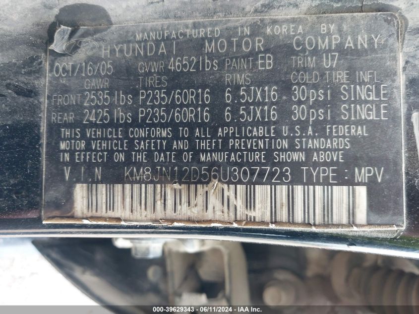 2006 Hyundai Tucson Gls/Limited VIN: KM8JN12D56U307723 Lot: 39629343