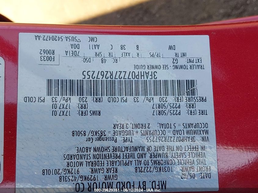 2007 Ford Fusion Se VIN: 3FAHP07Z27R267255 Lot: 39629351