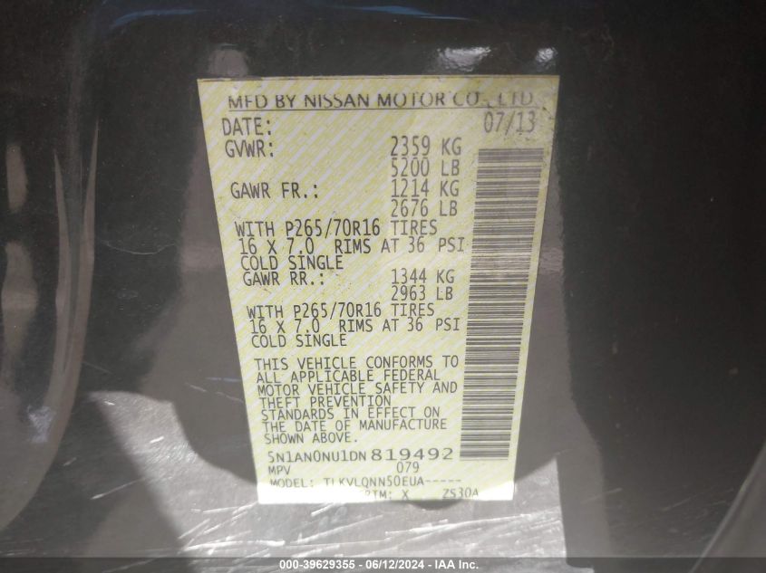 2013 Nissan Xterra X VIN: 5N1AN0NU1DN819492 Lot: 39629355