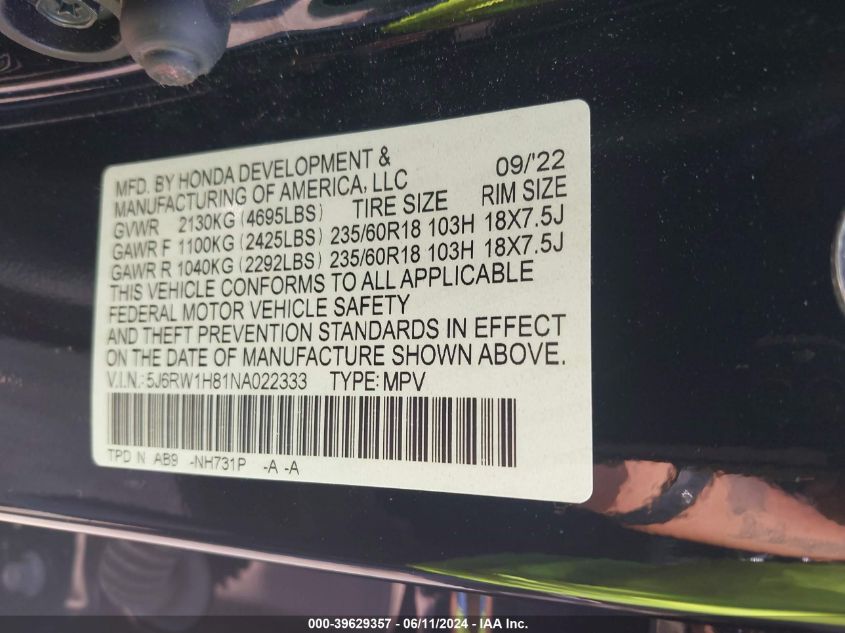 2022 Honda Cr-V 2Wd Ex-L VIN: 5J6RW1H81NA022333 Lot: 39629357