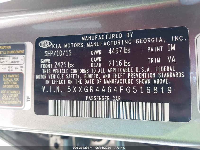 2015 Kia Optima VIN: 5XXGR4A64FG516819 Lot: 39629371