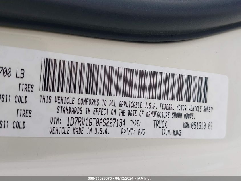 2010 Dodge Ram 1500 Slt/Sport/Trx VIN: 1D7RV1GT0AS227134 Lot: 39629375