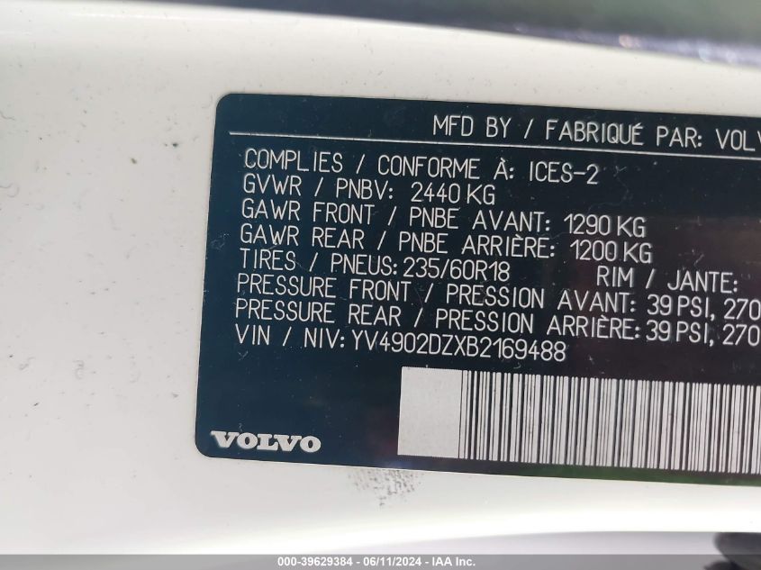 2011 Volvo Xc60 T6/T6 R-Design VIN: YV4902DZXB2169488 Lot: 39629384