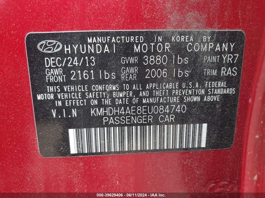 2014 Hyundai Elantra Se/Sport/Limited VIN: KMHDH4AE8EU084740 Lot: 39629406