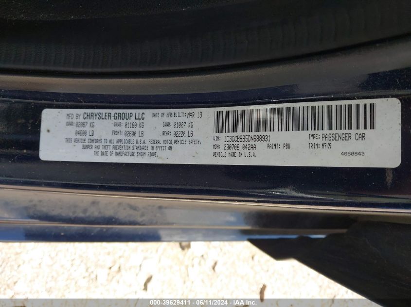 2013 Chrysler 200 Touring VIN: 1C3CCBBB5DN688931 Lot: 39629411