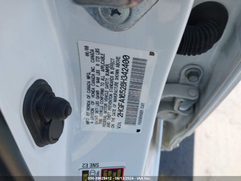 2008 Honda Civic Lx VIN: 2HGFA16528H342400 Lot: 39629412