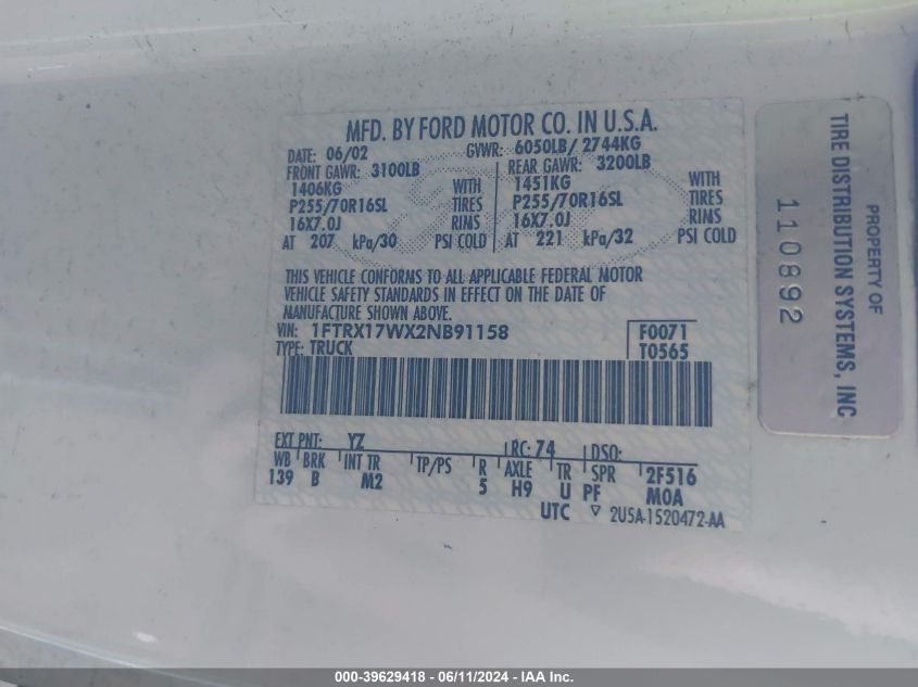 2002 Ford F-150 Lariat/Xl/Xlt VIN: 1FTRX17WX2NB91158 Lot: 39629418