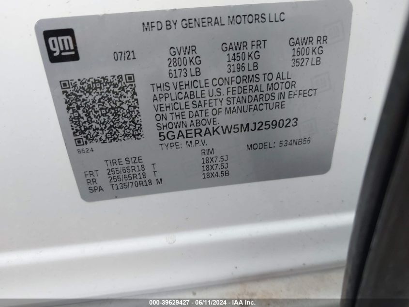 2021 Buick Enclave Fwd Preferred VIN: 5GAERAKW5MJ259023 Lot: 39629427