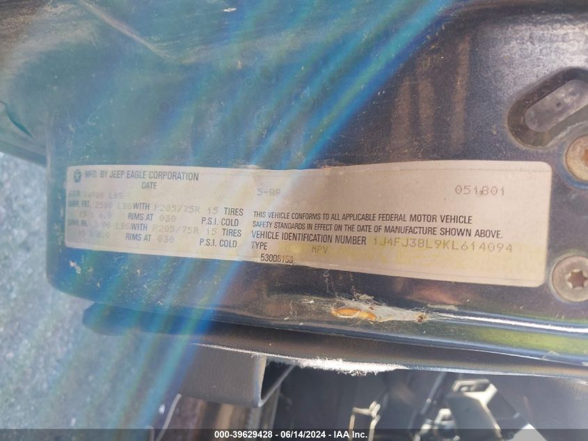 1989 Jeep Cherokee Pioneer VIN: 1J4FJ38L9KL614094 Lot: 39629428