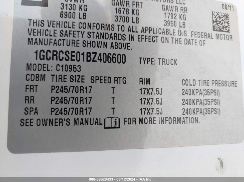 2011 Chevrolet Silverado 1500 Lt VIN: 1GCRCSE01BZ406600 Lot: 39629433