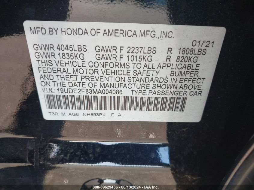 2021 Acura Ilx Premium A-Spec Packages/Technology A-Spec Packages VIN: 19UDE2F83MA004086 Lot: 39629436