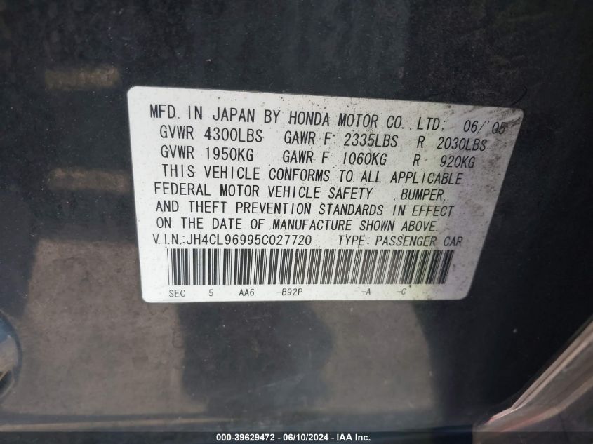 2005 Acura Tsx VIN: JH4CL96995C027720 Lot: 39629472