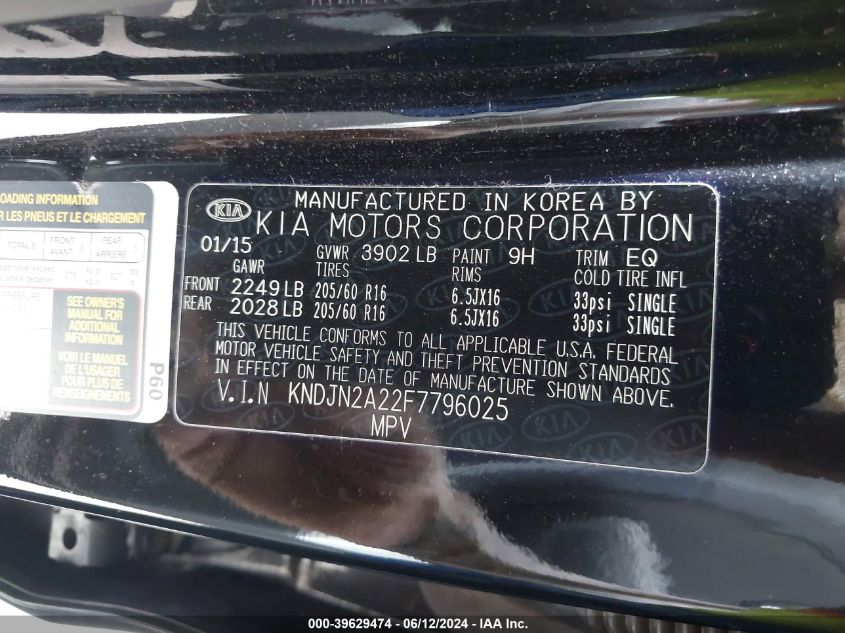 2015 Kia Soul VIN: KNDJN2A22F7796025 Lot: 39629474