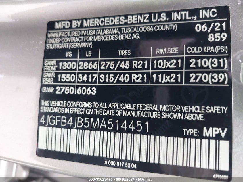 2021 MERCEDES-BENZ GLE 350 VIN: 4JGFB4JB5MA514451