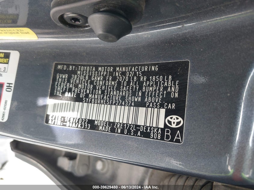 2015 Toyota Corolla S Plus VIN: 5YFBURHE5FP274374 Lot: 39629480