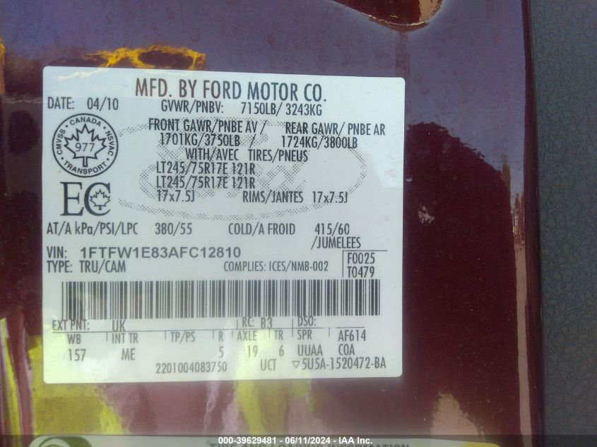 2010 Ford F-150 Xlt VIN: 1FTFW1E83AFC12810 Lot: 39629481