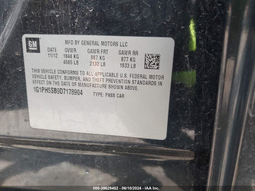 2013 Chevrolet Cruze Eco Auto VIN: 1G1PH5SB9D7178904 Lot: 39629482