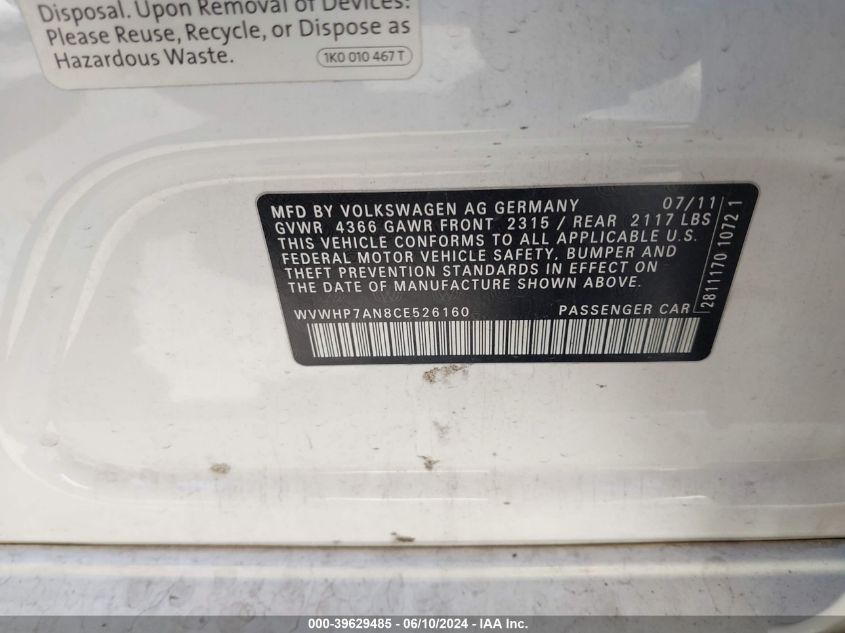 2012 Volkswagen Cc Lux Limited VIN: WVWHP7AN8CE526160 Lot: 39629485