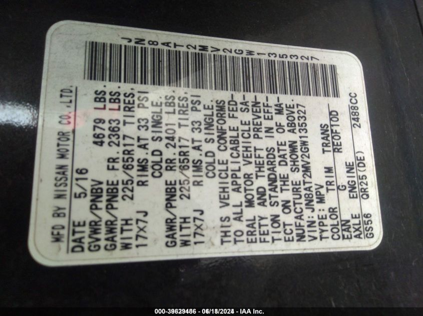 2016 Nissan Rogue S VIN: JN8AT2MV2GW135327 Lot: 39629486