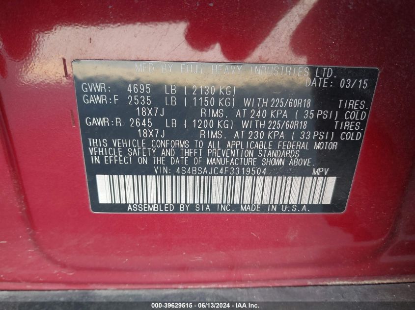 2015 Subaru Outback 2.5I Limited VIN: 4S4BSAJC4F3319504 Lot: 39629515