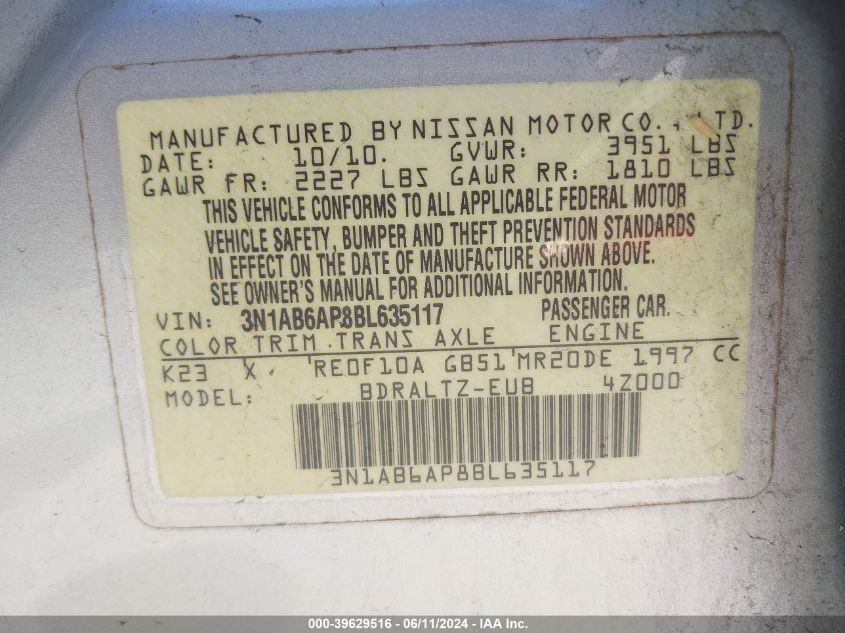 2011 Nissan Sentra 2.0Sr VIN: 3N1AB6AP8BL635117 Lot: 39629516