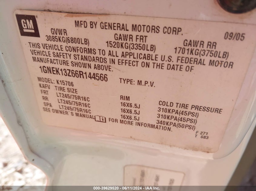 2006 Chevrolet Tahoe Special Services VIN: 1GNEK13Z66R144566 Lot: 39629520