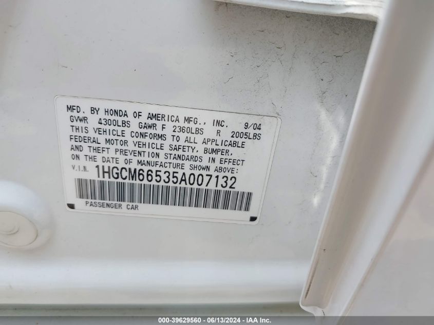 2005 Honda Accord 3.0 Ex VIN: 1HGCM66535A007132 Lot: 39629560
