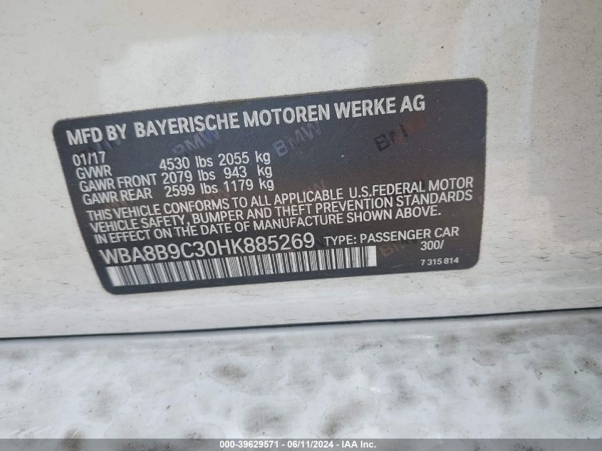 2017 BMW 330I VIN: WBA8B9C30HK885269 Lot: 39629571