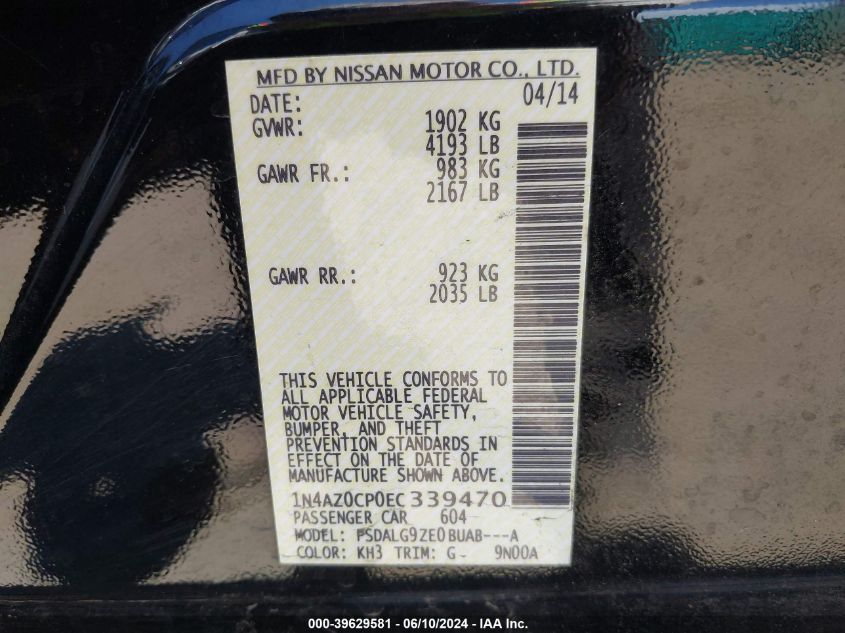 2014 Nissan Leaf Sl VIN: 1N4AZ0CP0EC339470 Lot: 39629581