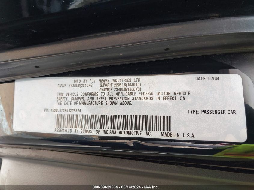 2005 Subaru Legacy 2.5Gt Limited VIN: 4S3BL676X54209324 Lot: 39629584