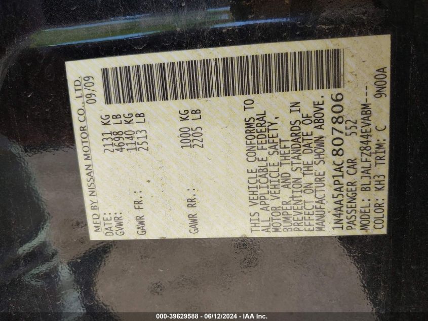 2010 Nissan Maxima 3.5 Sv VIN: 1N4AA5AP1AC807806 Lot: 39629588