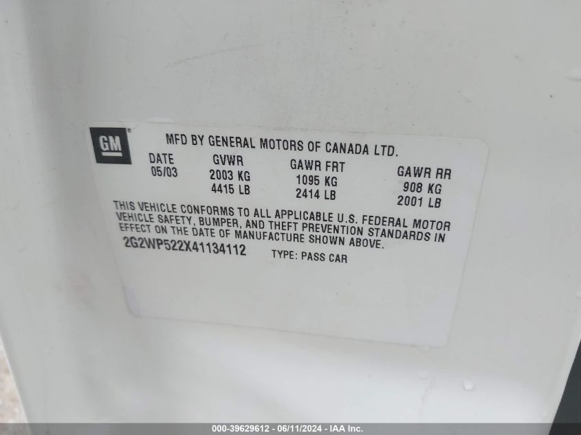 2004 Pontiac Grand Prix Gt1 VIN: 2G2WP522X41134112 Lot: 39629612