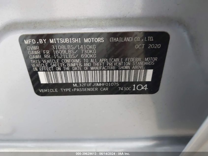 2021 Mitsubishi Mirage G4 Carbonite Edition/Es/Le VIN: ML32FUFJ9MHF01075 Lot: 39629613