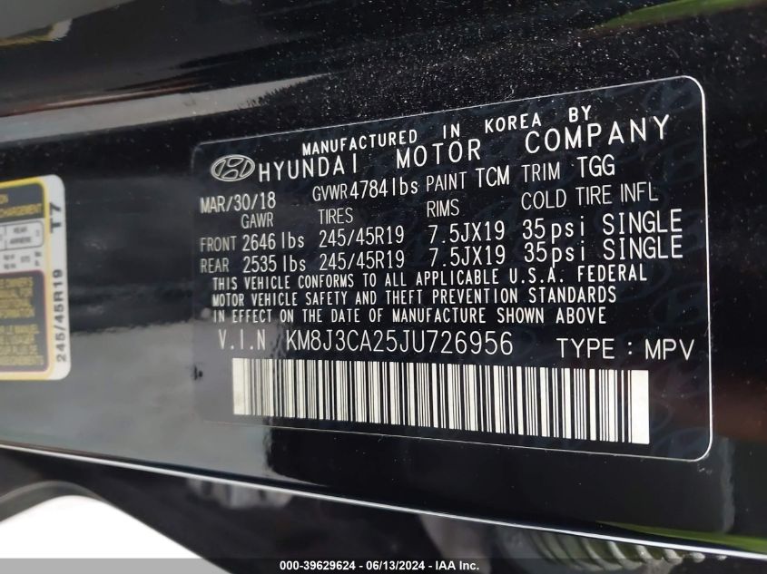 2018 Hyundai Tucson Value VIN: KM8J3CA25JU726956 Lot: 39629624