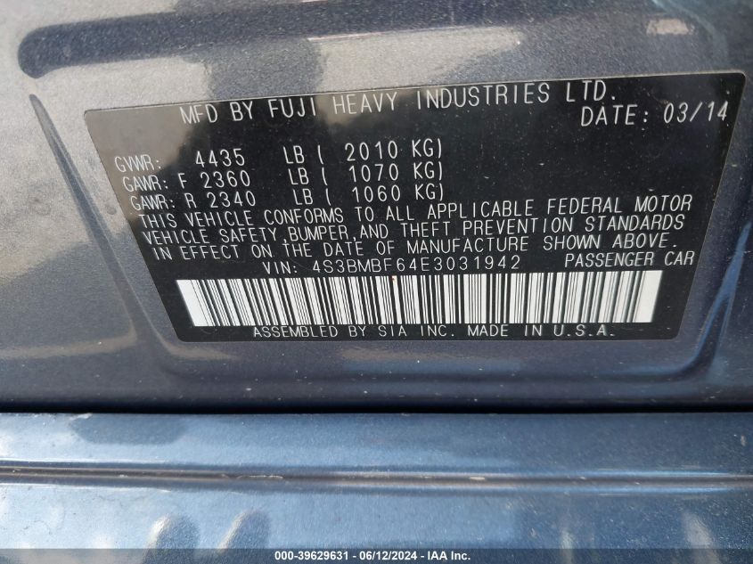 2014 Subaru Legacy 2.5I Premium VIN: 4S3BMBF64E3031942 Lot: 39629631