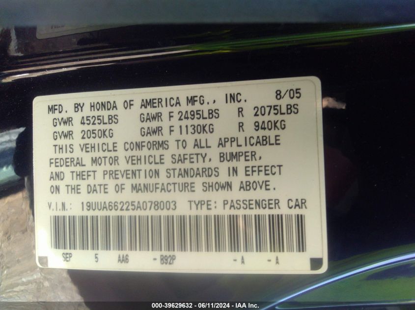 2005 Acura Tl VIN: 19UUA66225A078003 Lot: 39629632