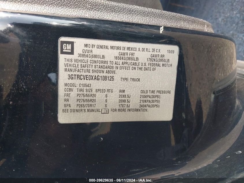 2010 GMC Sierra 1500 Sle VIN: 3GTRCVE0XAG108126 Lot: 39629635