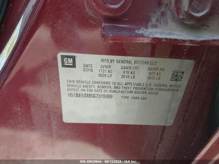 2016 Chevrolet Cruze Lt Auto VIN: 1G1BE5SM5G7315989 Lot: 39629644