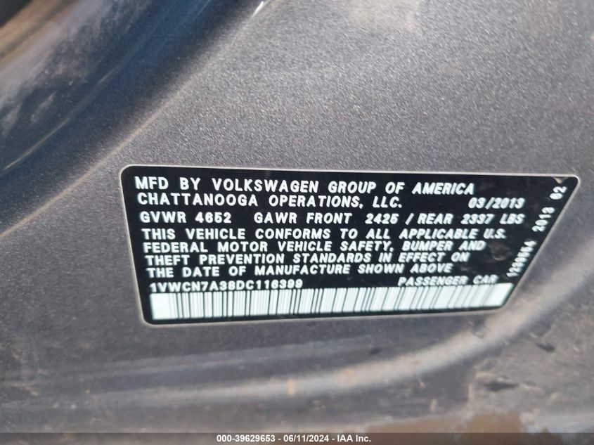 2013 Volkswagen Passat 2.0L Tdi Sel Premium VIN: 1VWCN7A38DC116399 Lot: 39629653