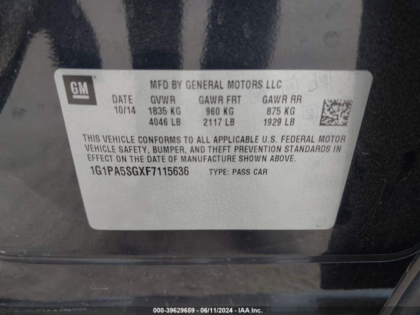 2015 Chevrolet Cruze Ls Auto VIN: 1G1PA5SGXF7115636 Lot: 39629659