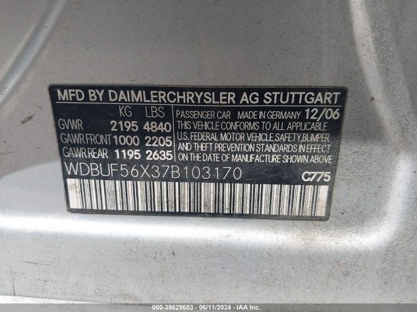 2007 Mercedes-Benz E 350 VIN: WDBUF56X37B103170 Lot: 39629683