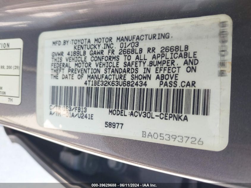 2003 Toyota Camry Le VIN: 4T1BE32K63U682434 Lot: 39629688