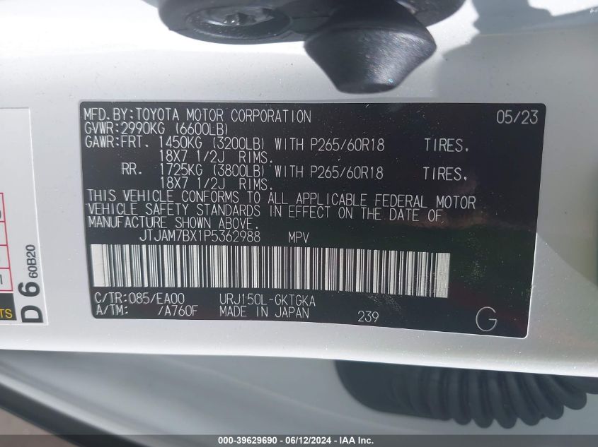 2023 Lexus 460 Premium VIN: JTJAM7BX1P5362988 Lot: 39629690