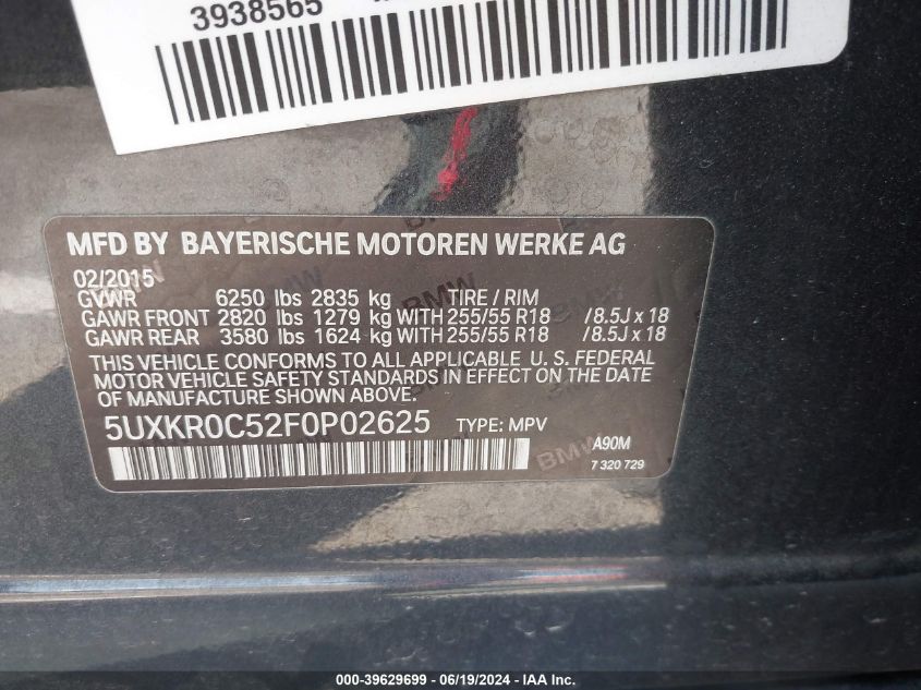 2015 BMW X5 xDrive35I VIN: 5UXKR0C52F0P02625 Lot: 39629699
