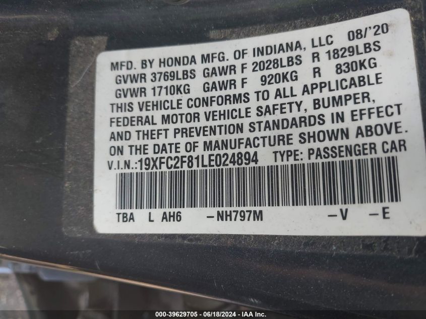 2020 Honda Civic Sport VIN: 19XFC2F81LE024894 Lot: 39629705