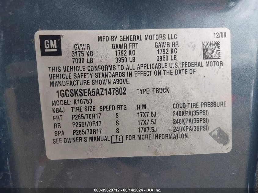 2010 Chevrolet Silverado 1500 Lt VIN: 1GCSKSEA5AZ147802 Lot: 39629712