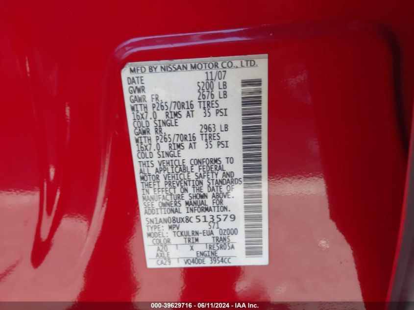 2008 Nissan Xterra S VIN: 5N1AN08UX8C513579 Lot: 39629716