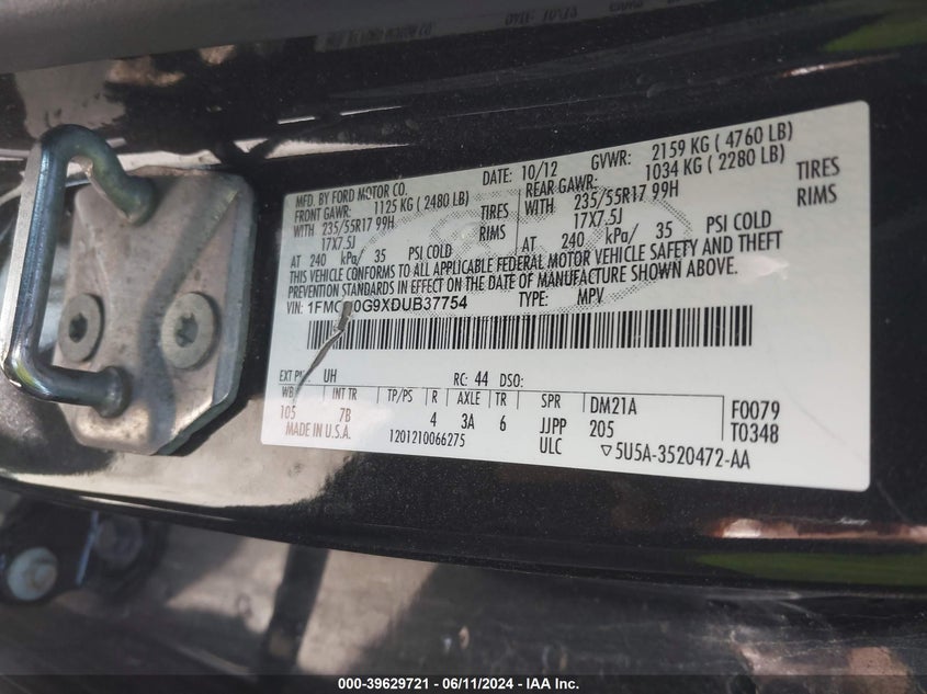 2013 Ford Escape Se VIN: 1FMCU0G9XDUB37754 Lot: 39629721