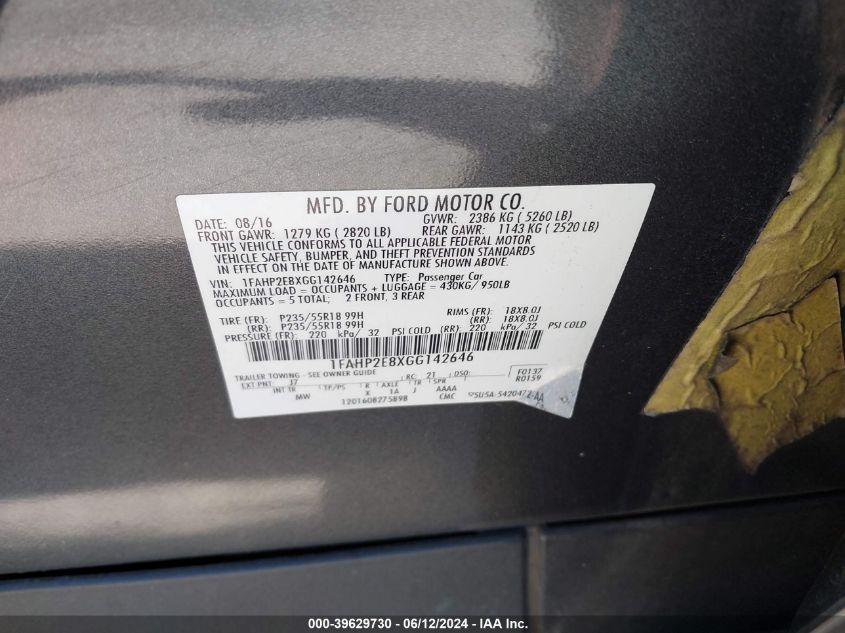 2016 Ford Taurus Sel VIN: 1FAHP2E8XGG142646 Lot: 39629730